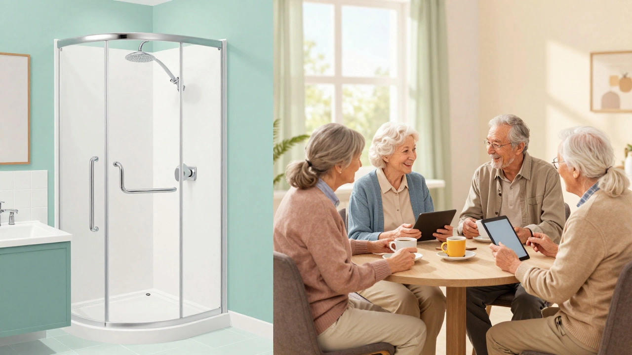 An artistic depiction of accessible home modifications and a senior social hub