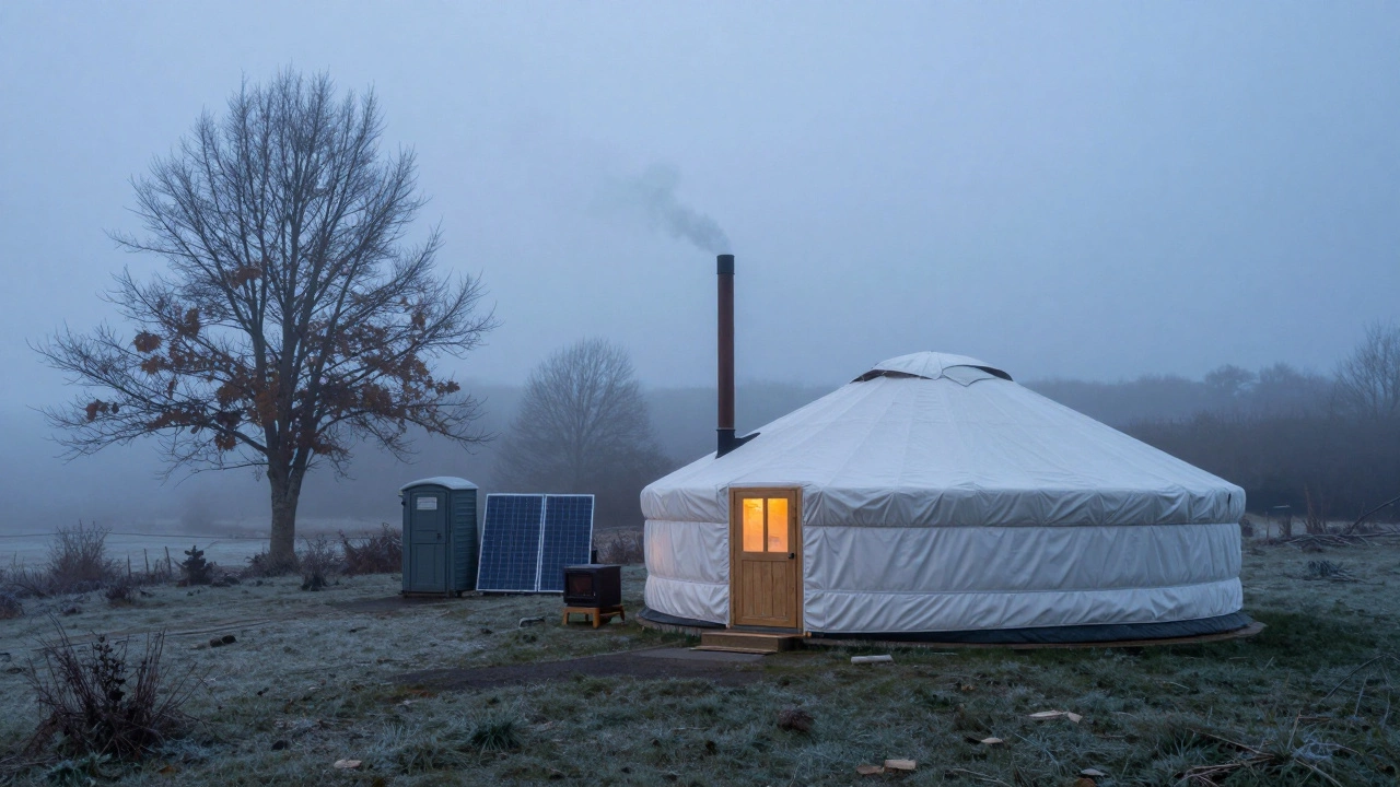An off-grid yurt with solar panels in a misty British winter landscape