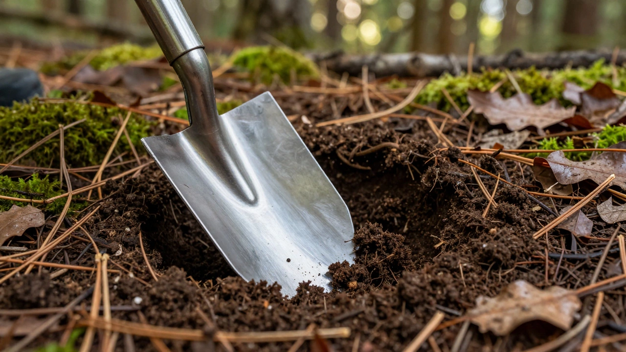 Close-up of a camping trowel digging a cat hole in a forest floor with pine needles.