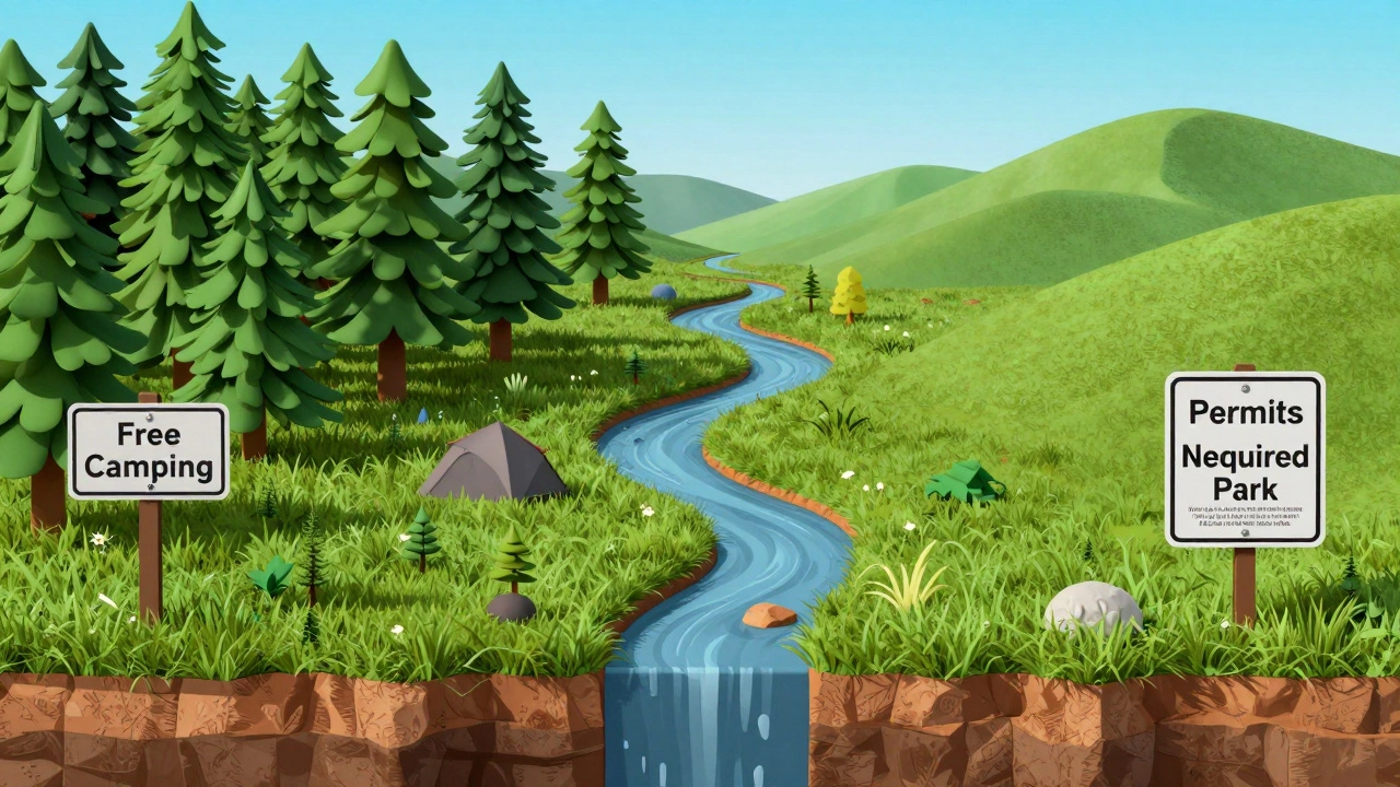 Conceptual illustration showing the boundary between a National Forest and a National Park.