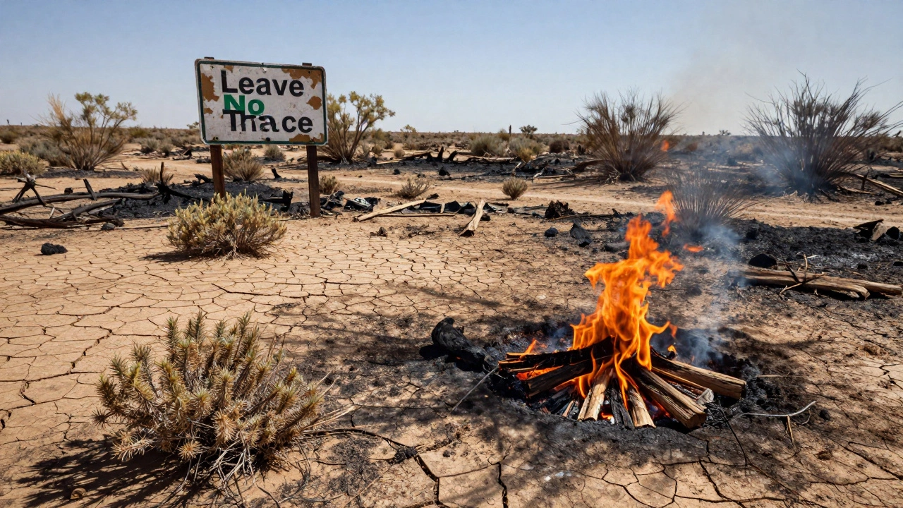 Damaged desert ground with a scorched fire pit and trampled plants illustrating environmental impact.