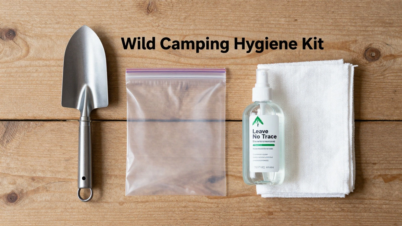 Flat lay of a wild camping hygiene kit including a trowel, sanitizer, and sealable bag.