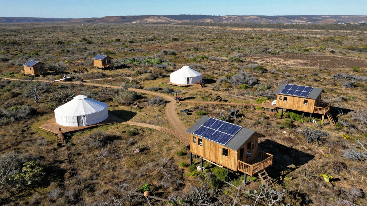 Aerial view of secluded glamping yurts and treehouses spaced out in remote wild landscape.