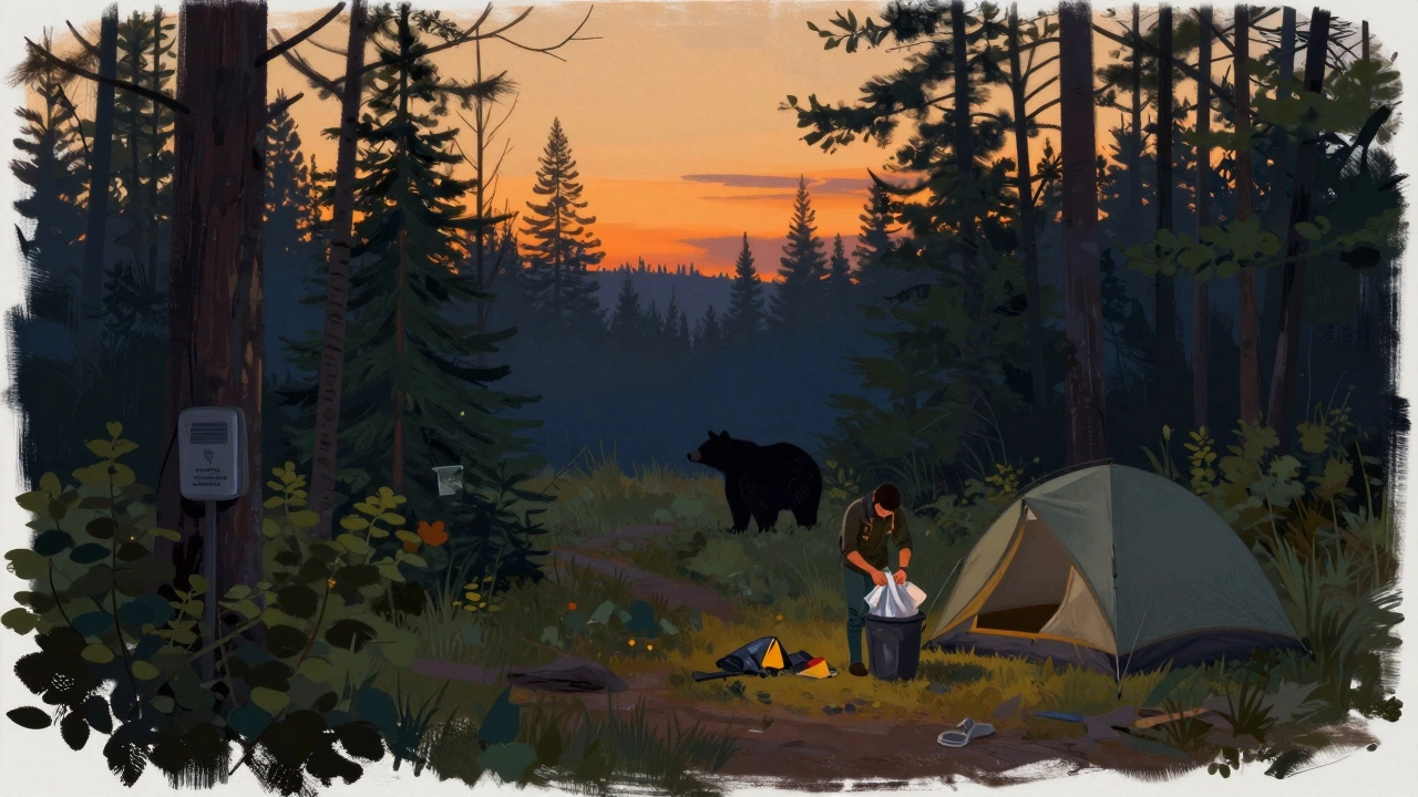 Camper packing out trash in forest at dusk with black bear watching in background