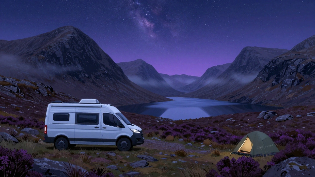 Camper van wild camping in the Scottish Highlands at night