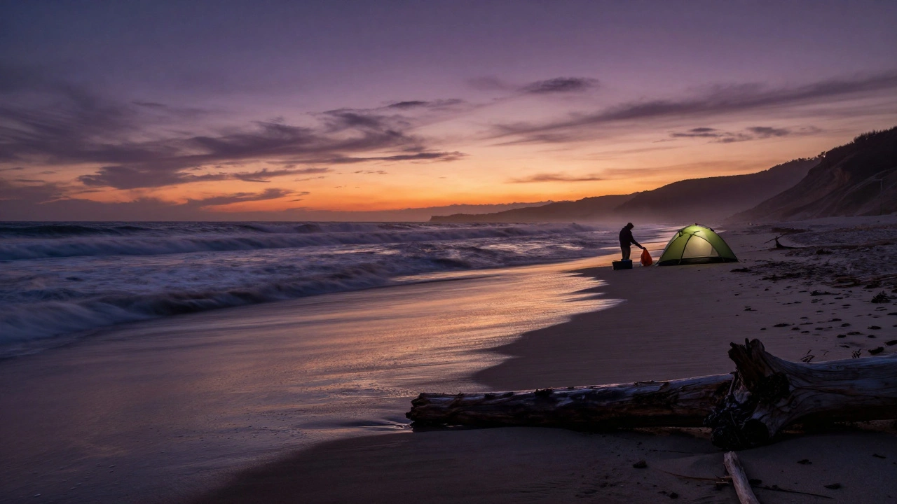 Camping on wet sand at twilight near crashing waves