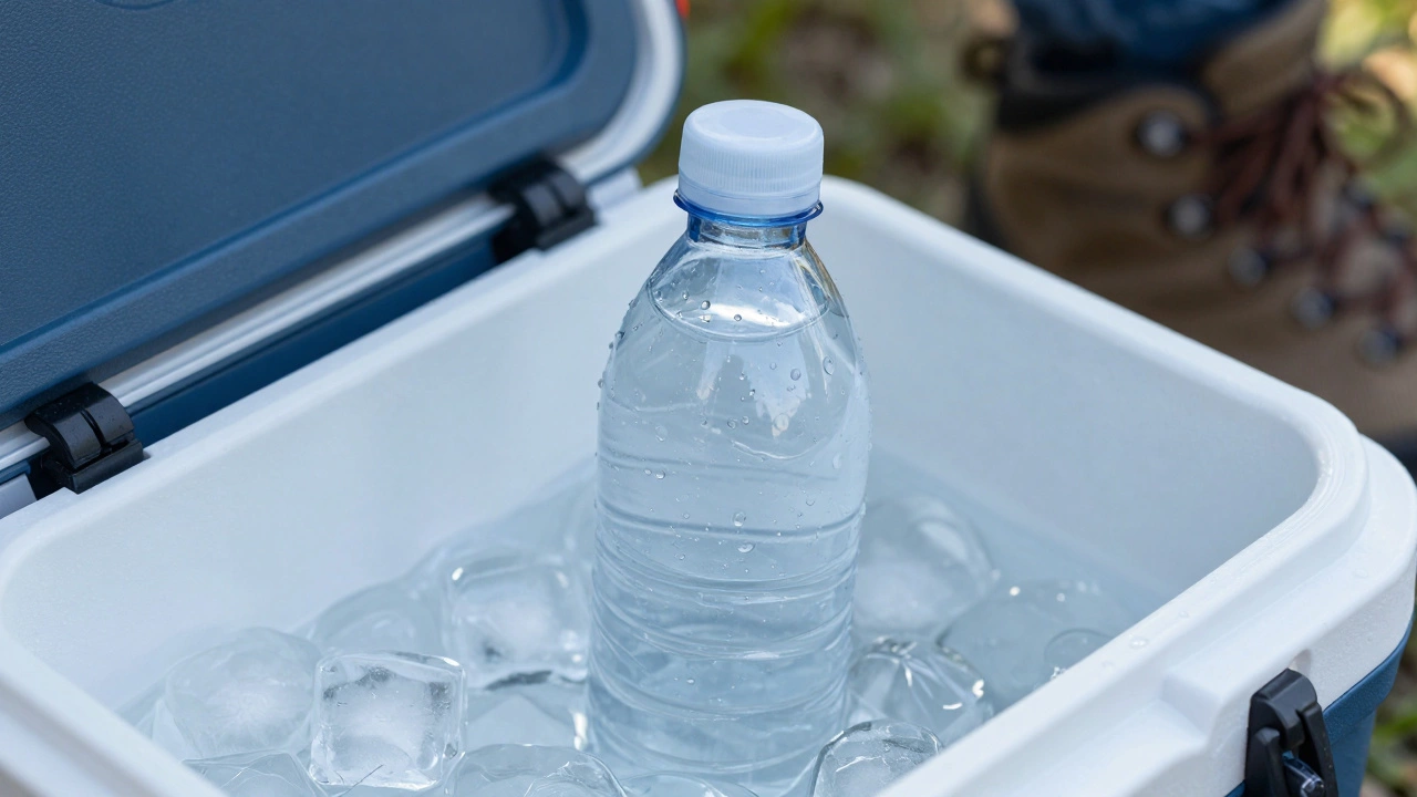 Chilled plastic water bottle in a camping cooler with ice