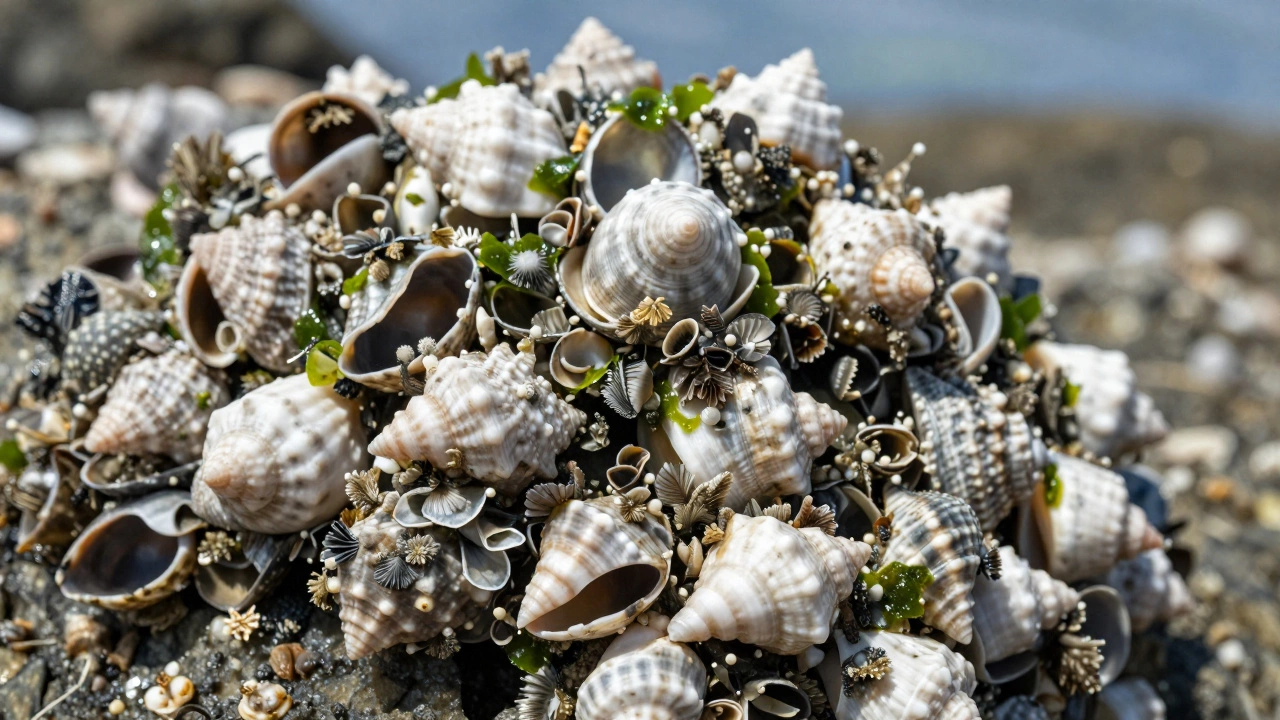 Close up of seashells hosting tiny barnacles and marine life