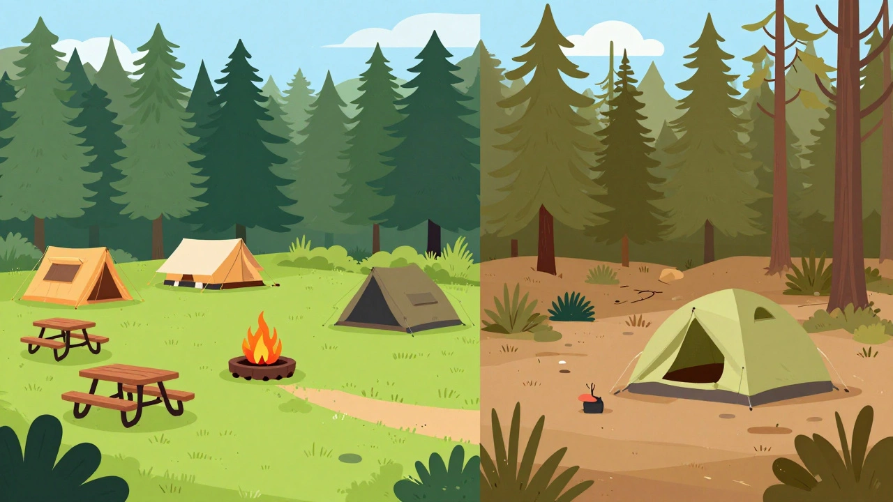Comparison illustration showing developed campground versus wild dispersed camping site