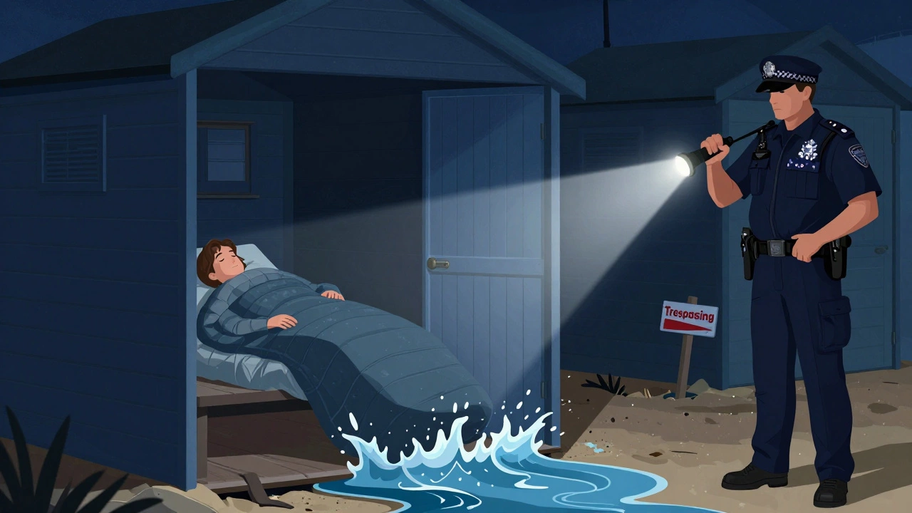 Conceptual art showing police and tidal risk at occupied beach hut