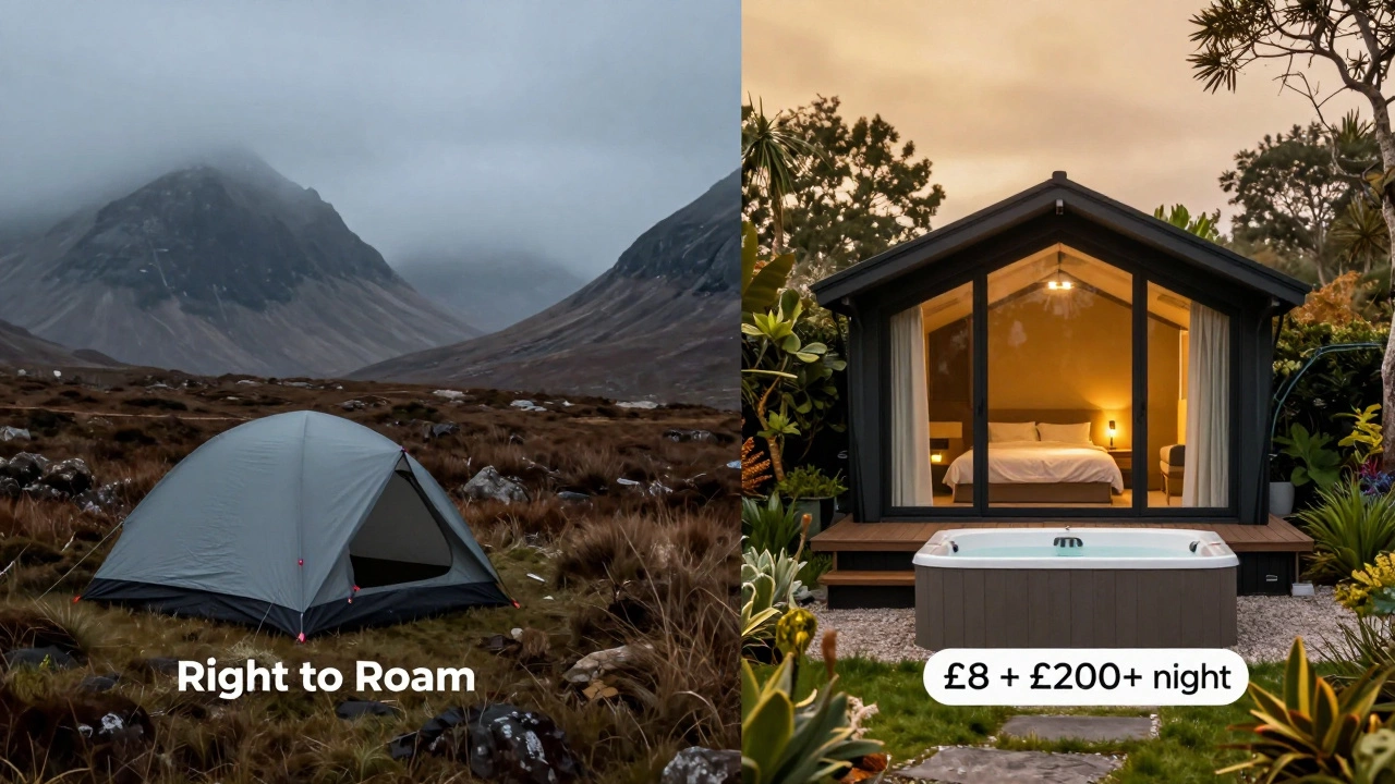 Contrast between wild camping and luxury glamping pods