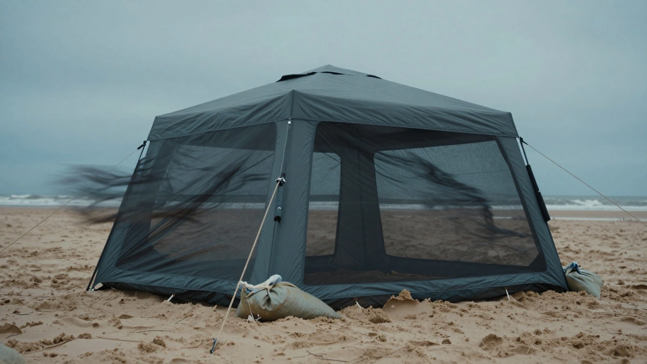 Gazebo secured with stakes and sandbags against wind on beach.