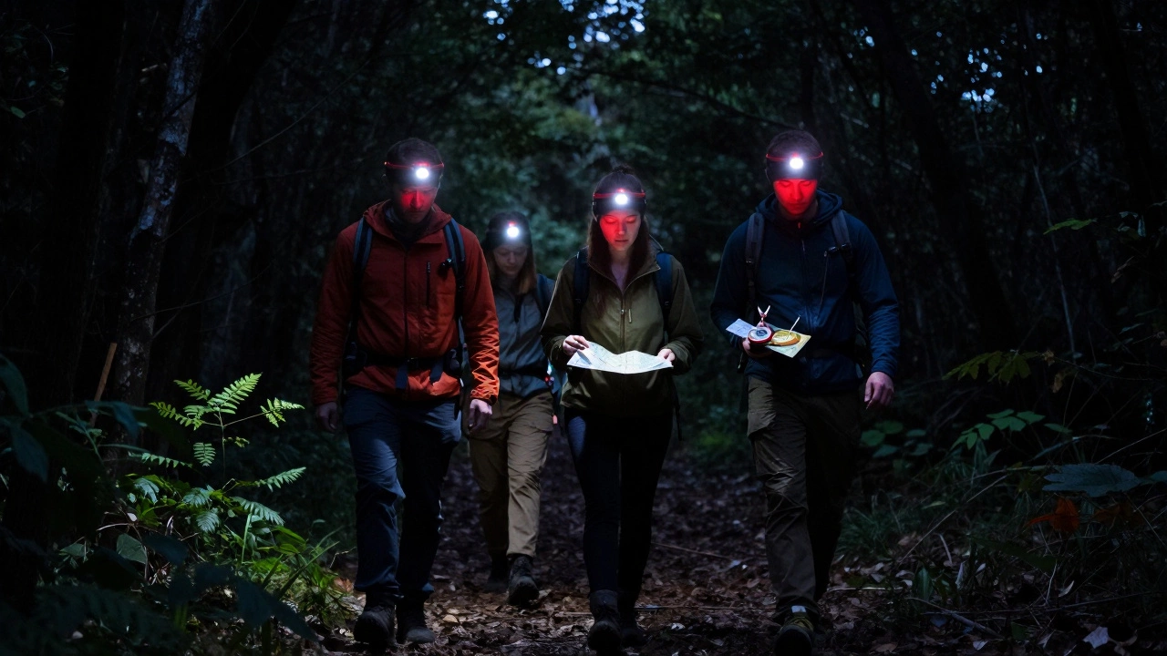 Group of campers walking single-file on trail with red headlamp lights