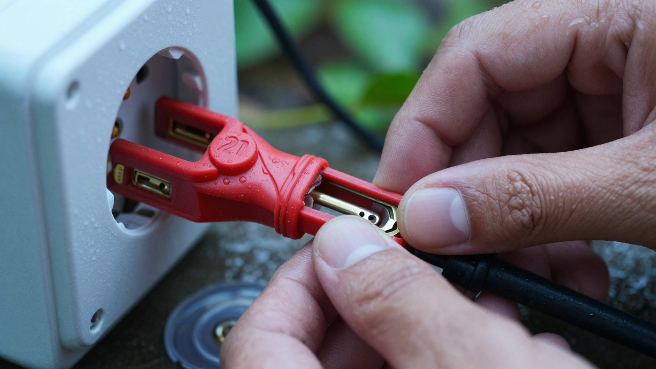 Hands inspecting a red 32-amp camping plug for safety and wear.