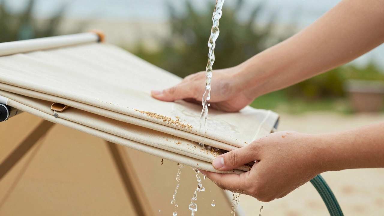 Hands rinsing salt off a folded gazebo frame with fresh water.