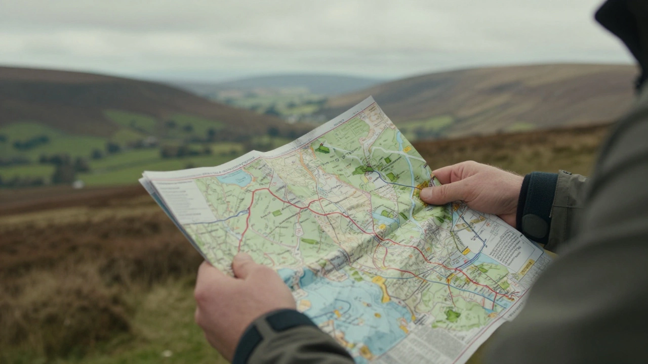 Hiker studying a map in the UK countryside