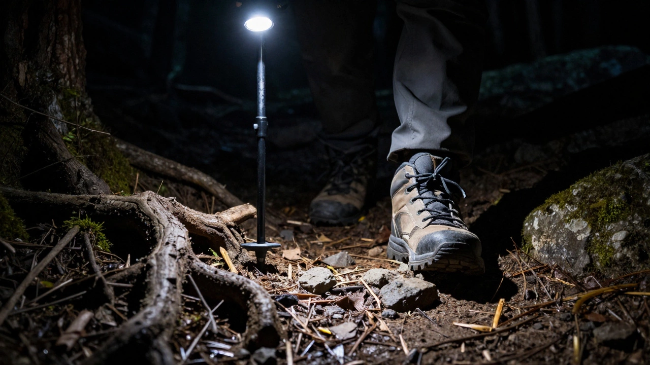 Hiker using trekking poles to probe uneven ground under headlamp beam