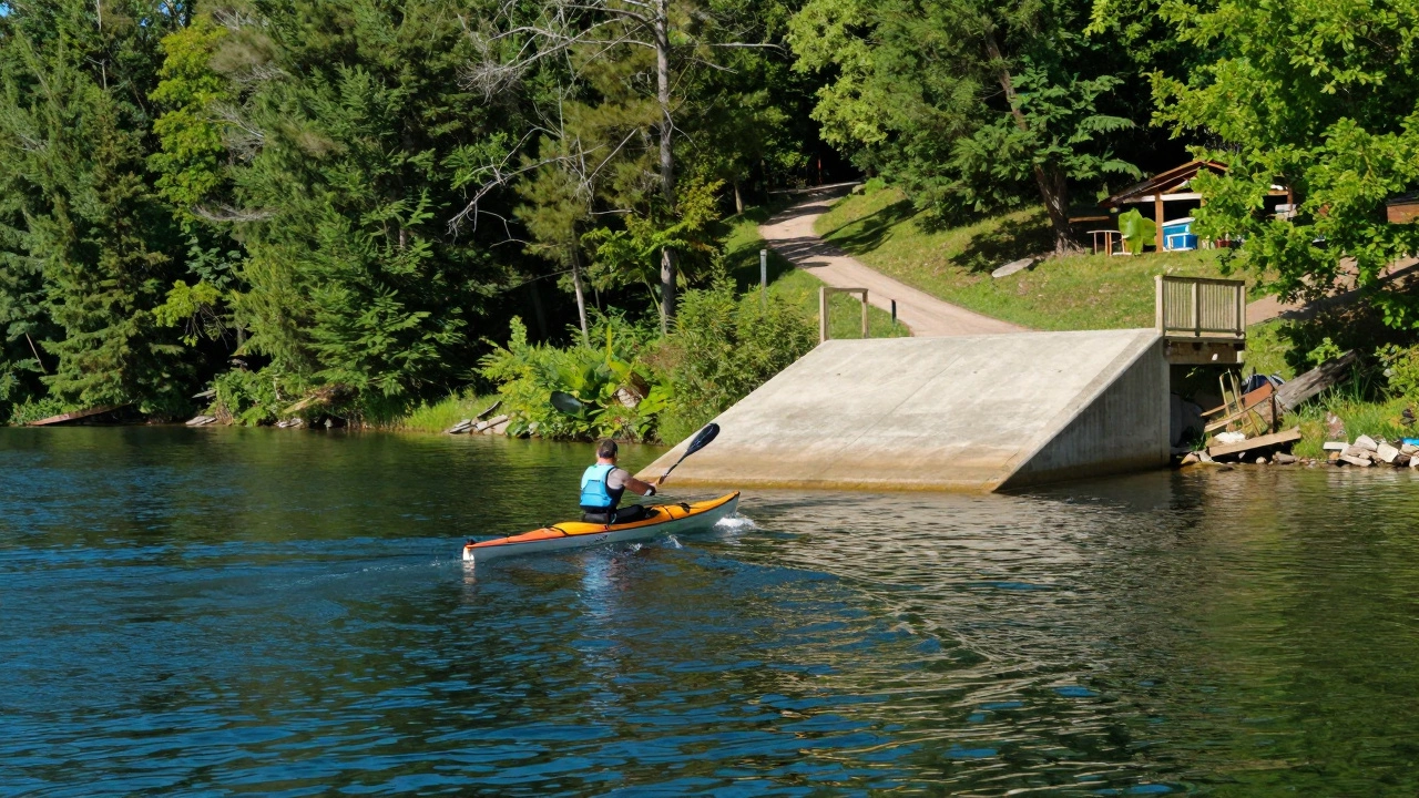 Kayak launching into Lake Fairfax with hiking trails in background