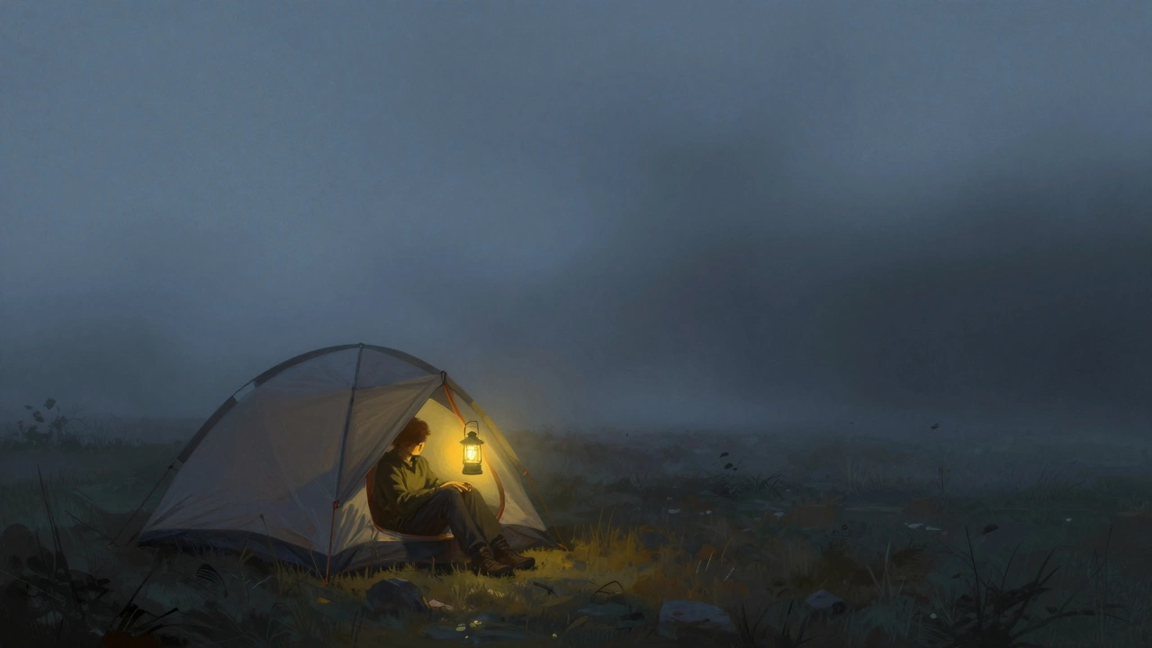 Lone camper in tent facing cold, foggy wilderness night