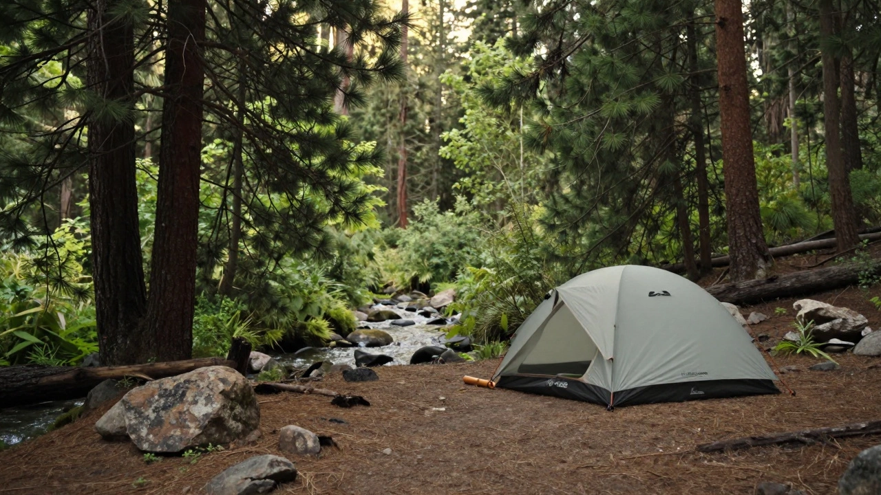 Minimalist campsite among pine trees away from stream