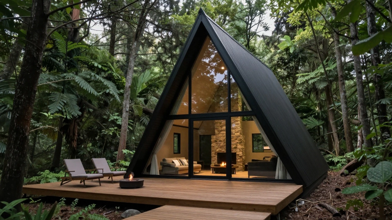 Modern A-frame glamping cabin with large glass windows and private deck in dense woods.