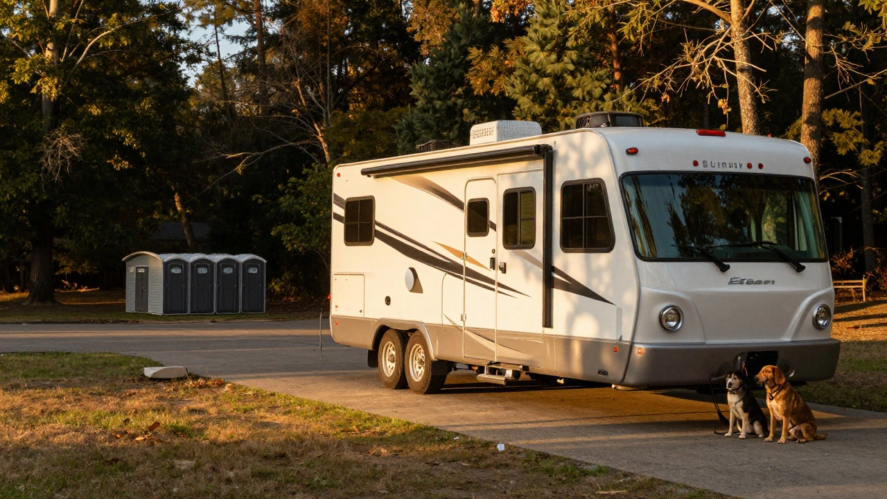 RV parked at a hookup site with a leashed dog nearby