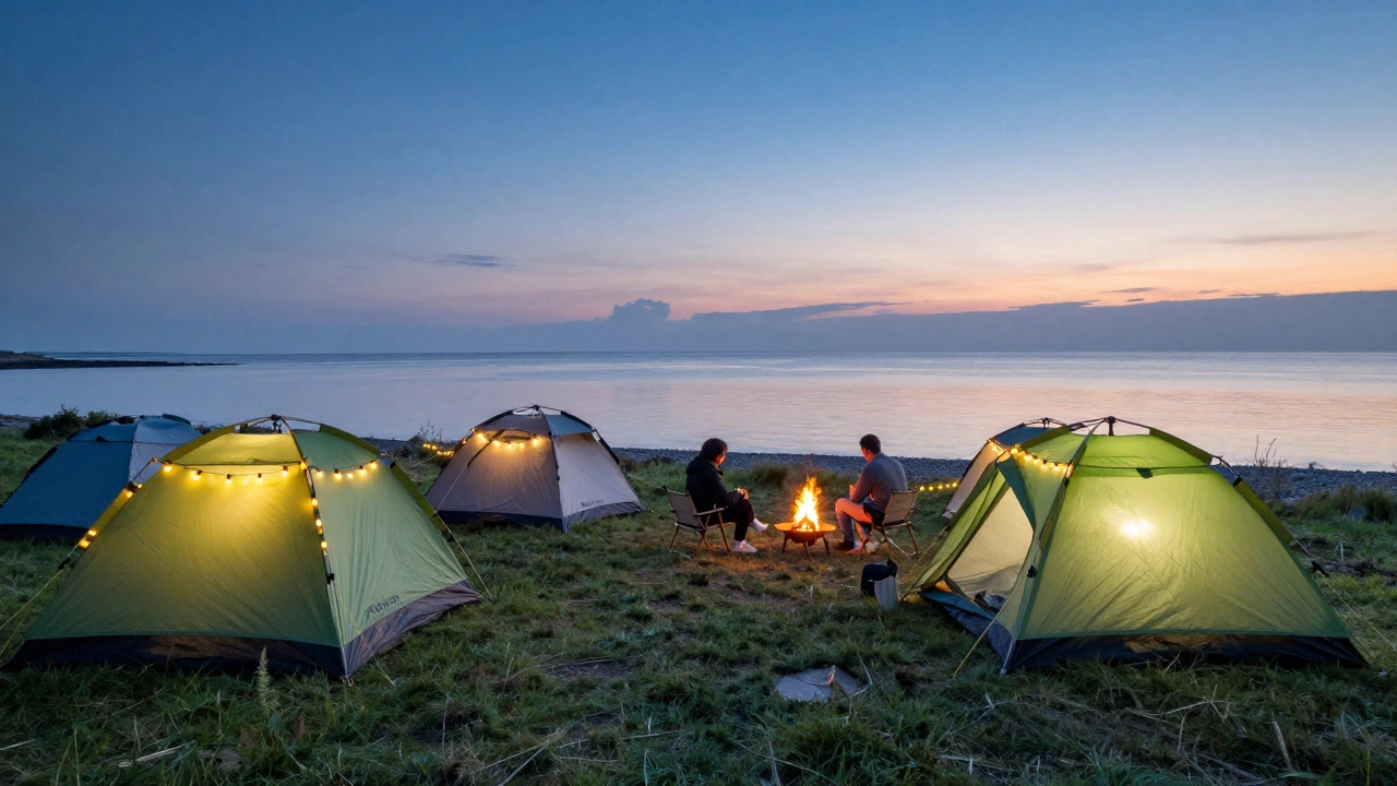 Safe, lit coastal campsite with tents and stars over the sea
