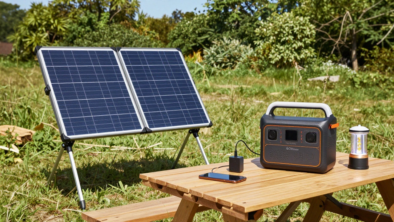 Solar panel and portable power station charging devices at a campsite.