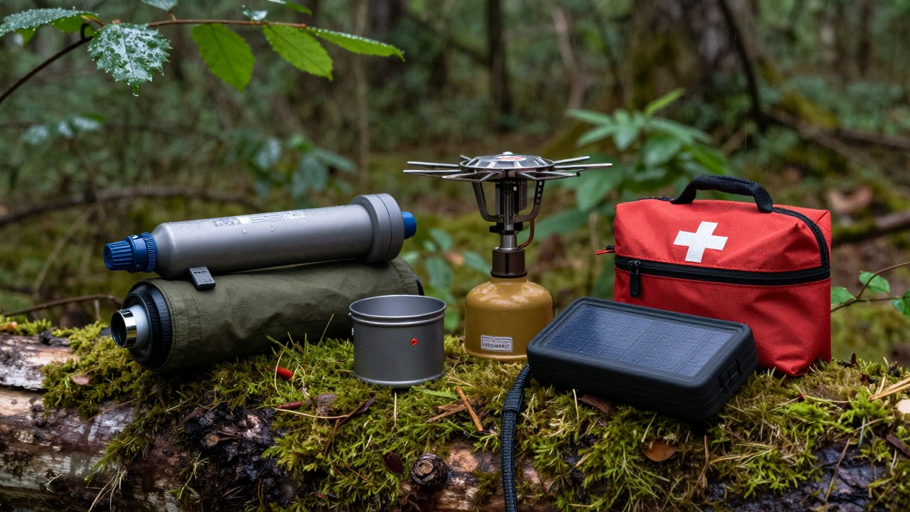 Survival gear including water filter and stove on a log