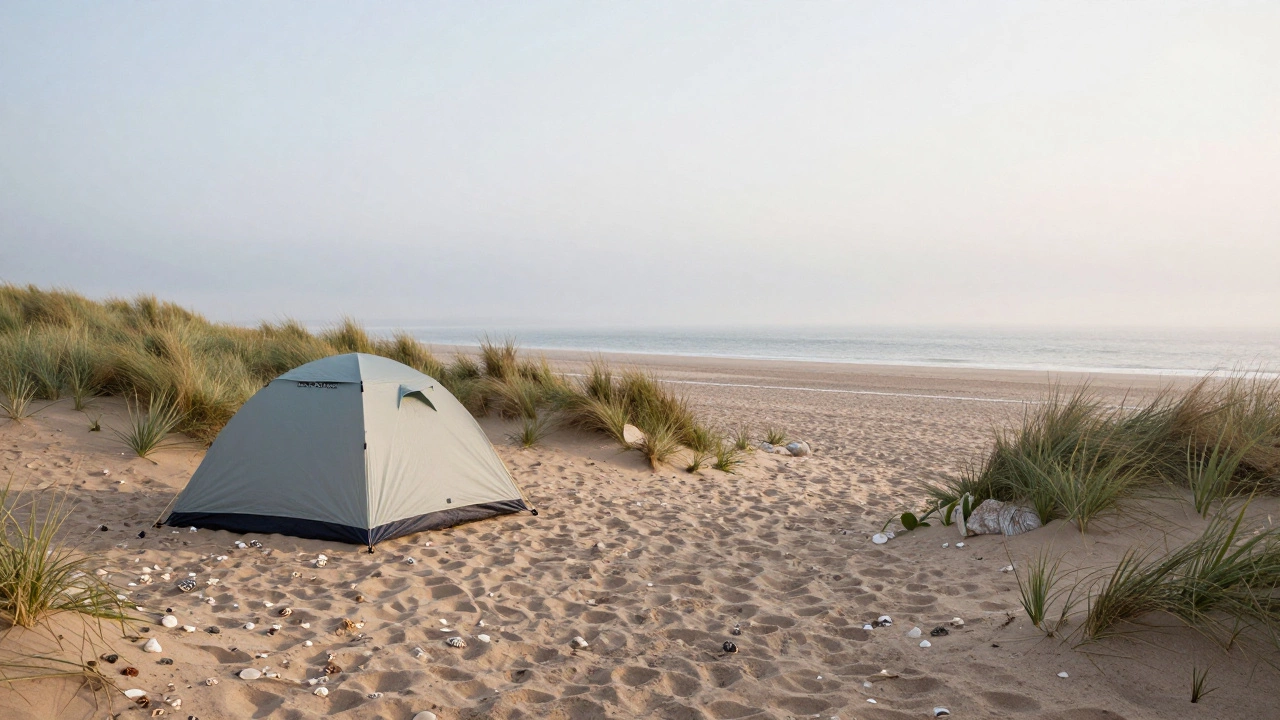 Tidy UK beach campsite with shells left undisturbed on sand
