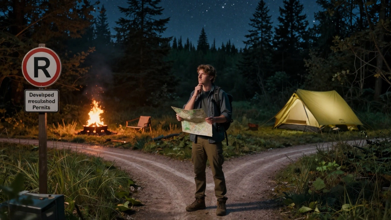 Camper choosing between a regulated campsite and wild camping under stars