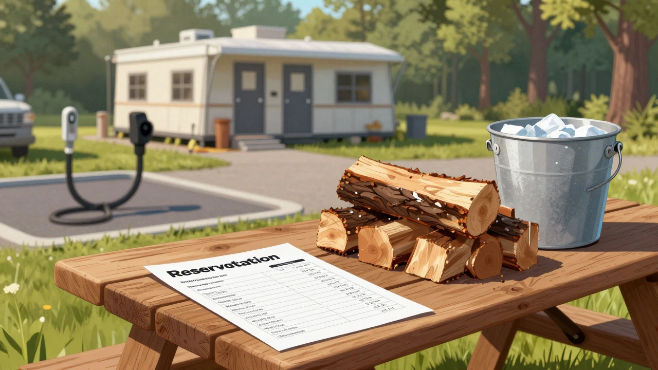 Camping amenities including firewood and RV site details