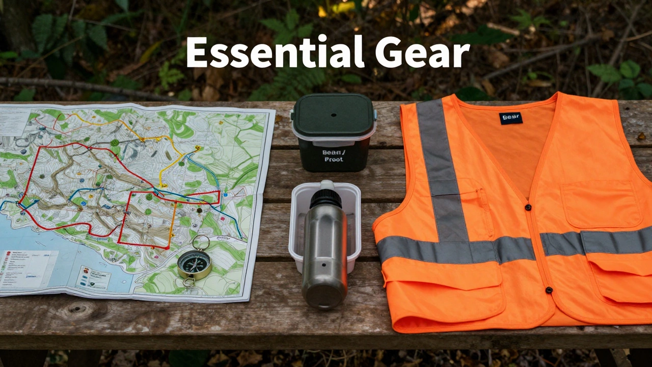 Camping gear including map, compass, water filter, and bear canister