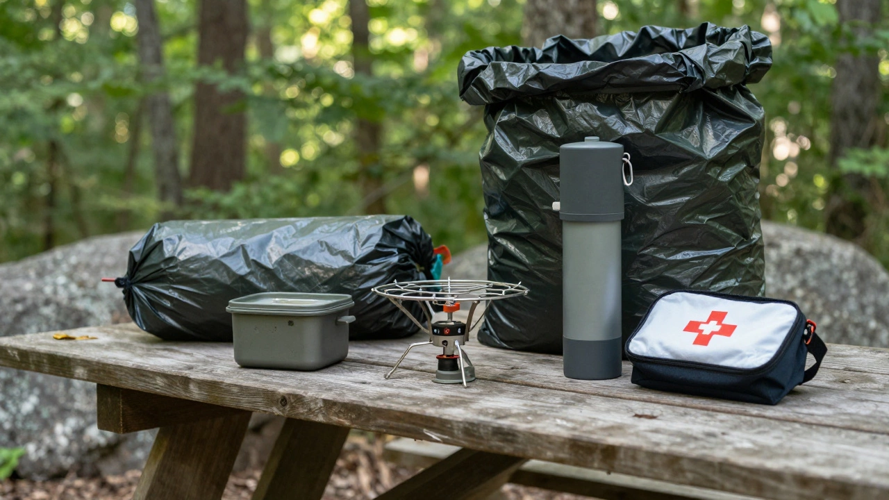 Camping gear including stove and bear canister on a forest table