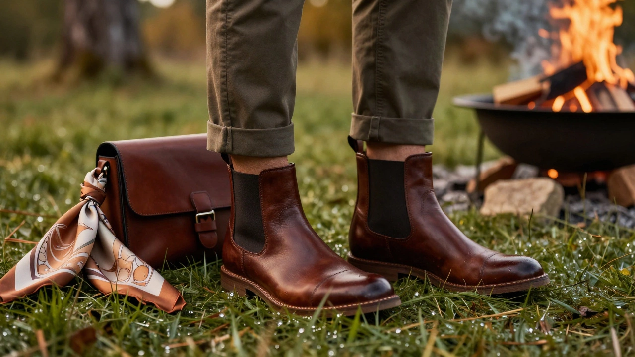 Close up of leather Chelsea boots and accessories on grass near campfire