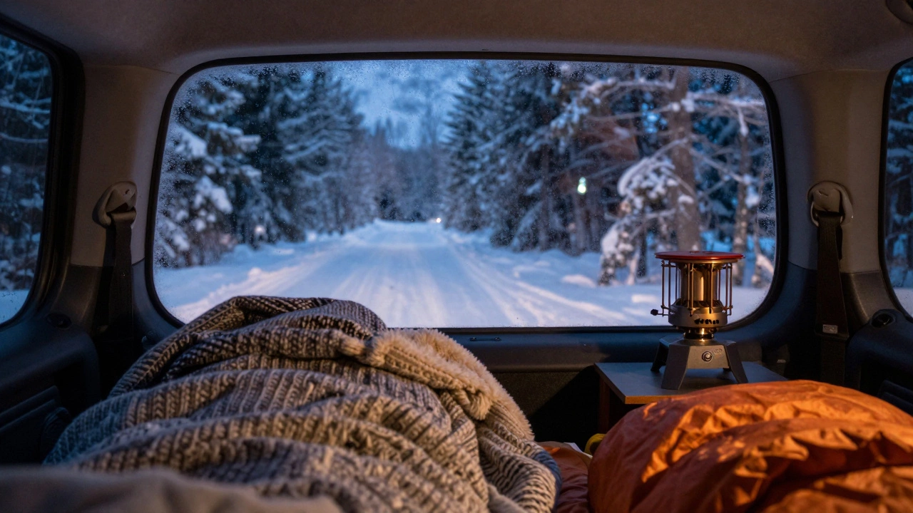 Cozy car interior setup for winter camping in snow