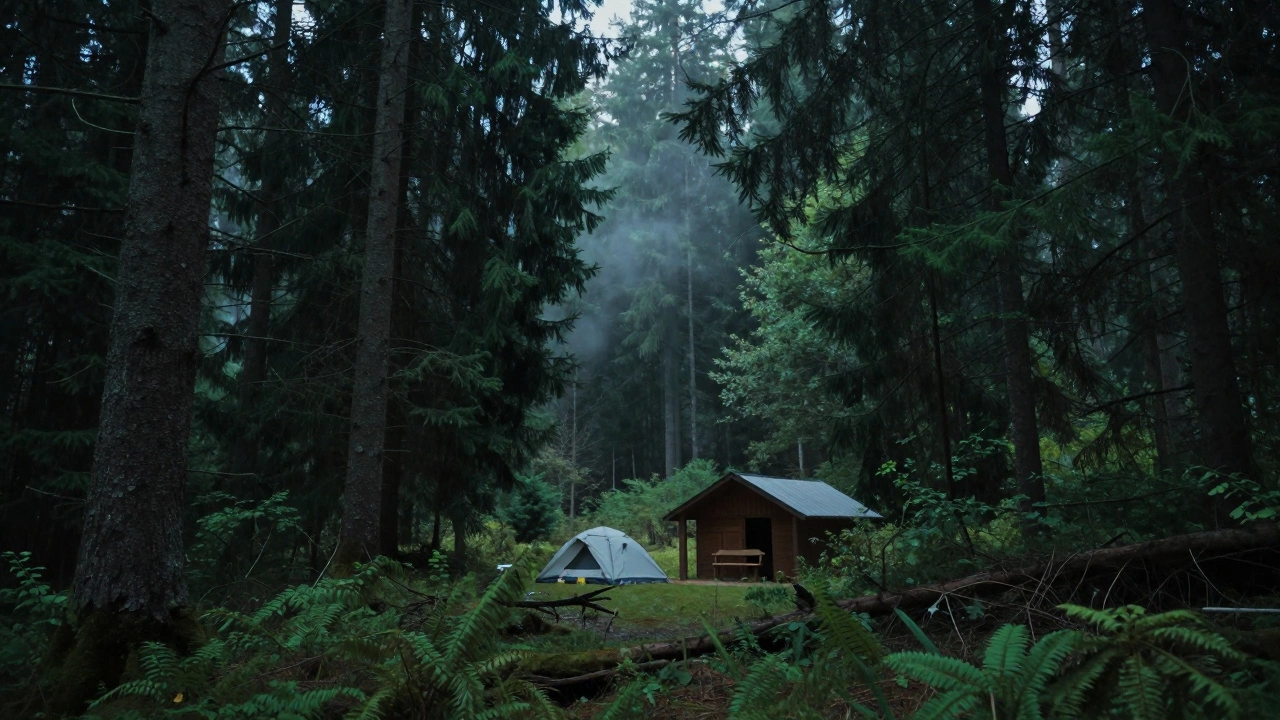 Dense European woodland with designated campsite amidst tall evergreen trees
