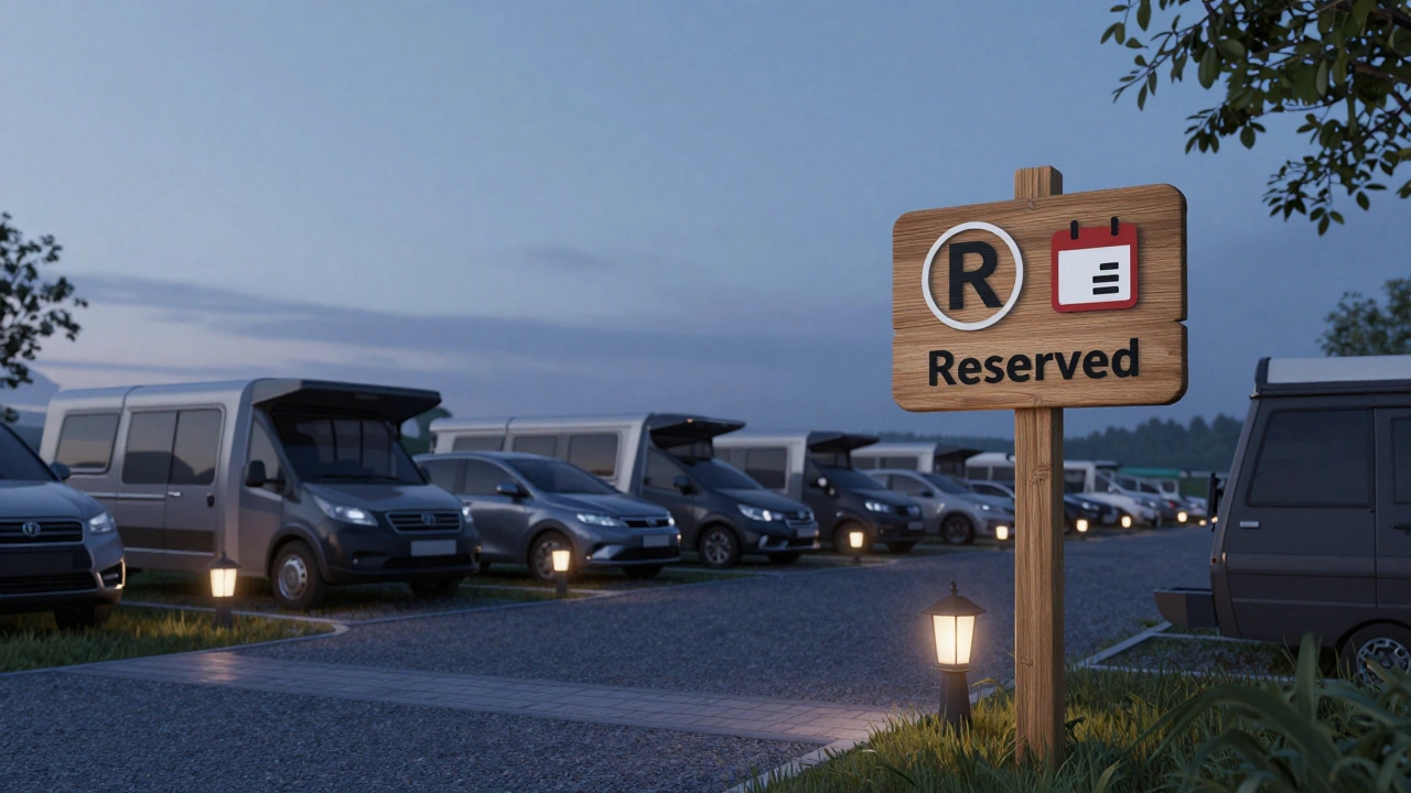 European campsite sign marking reserved spots with booking symbols at dusk