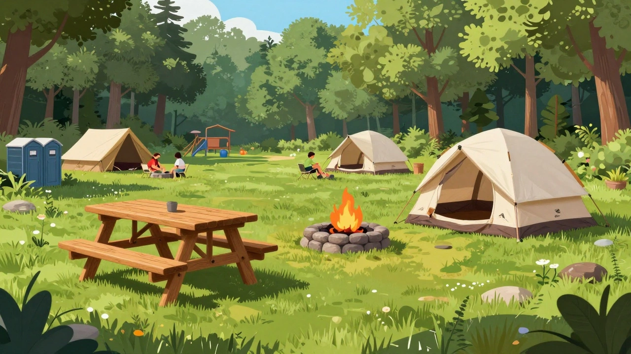 Family-friendly developed campground with picnic tables and cabins in state forest