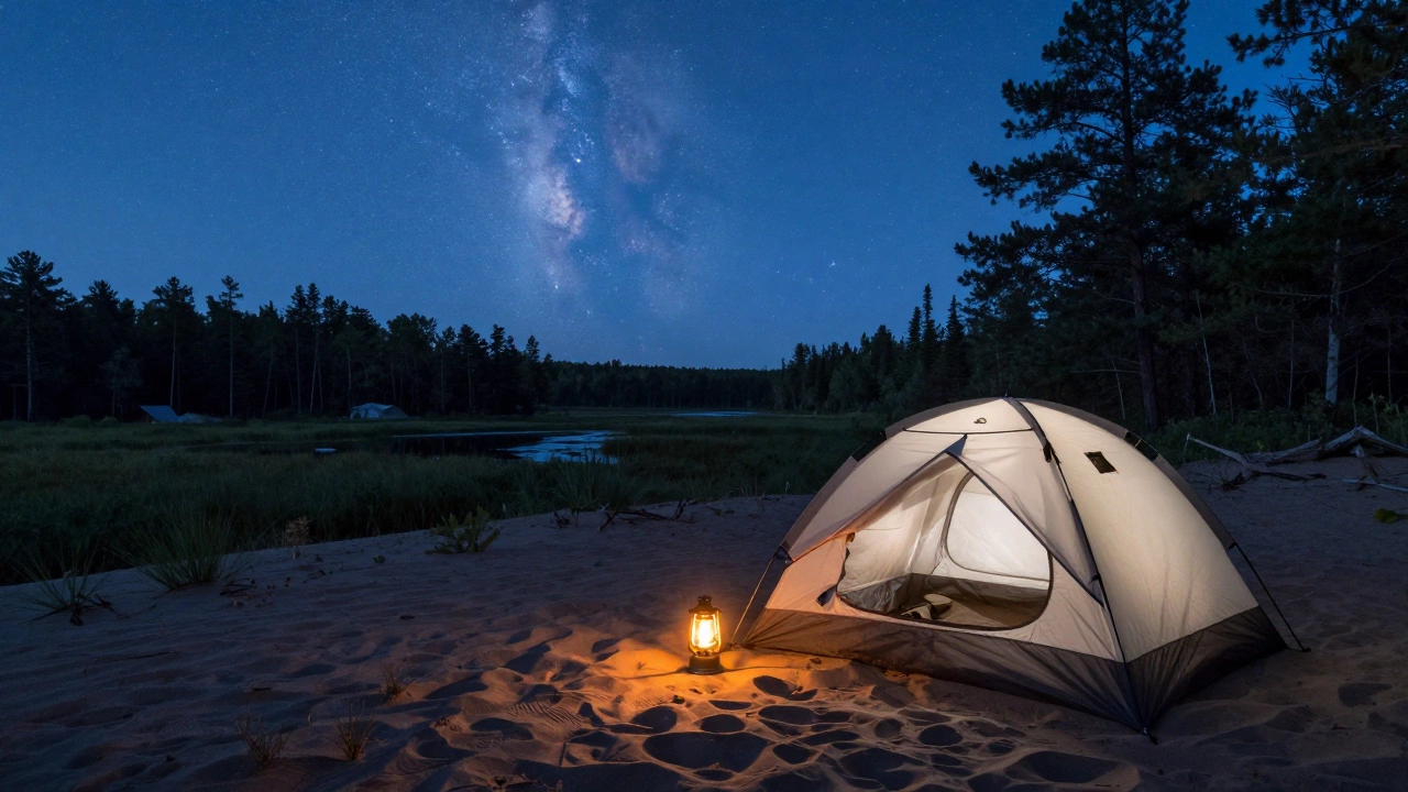 Glowing tent lantern at dusk near sand dunes in Michigan forest