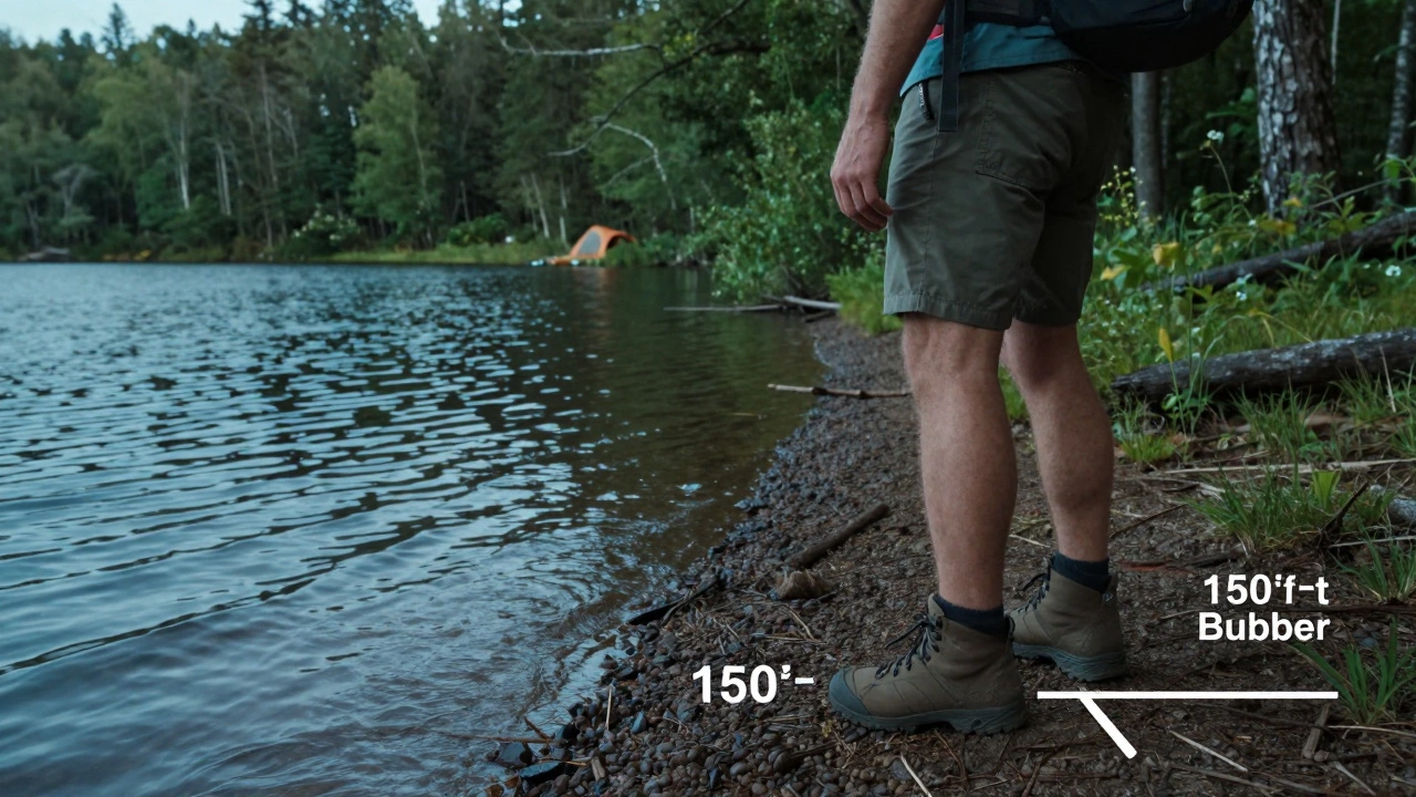 Hiker measuring distance from lake to show 150ft camping rule