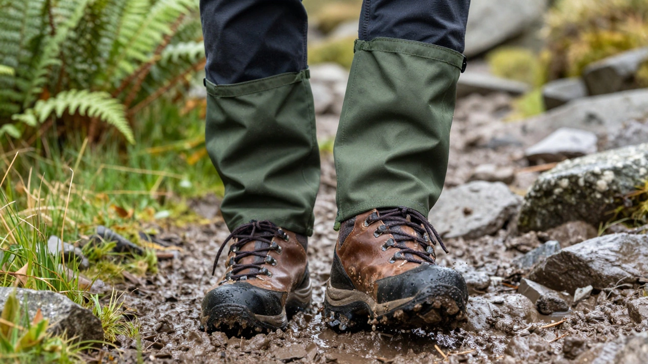 Hiking boots with gaiters stepping in muddy UK terrain