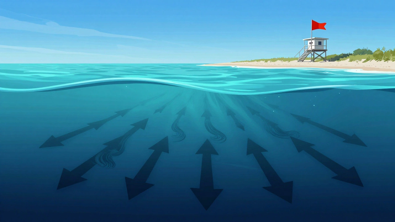 Illustration showing hidden rip currents beneath calm ocean surface