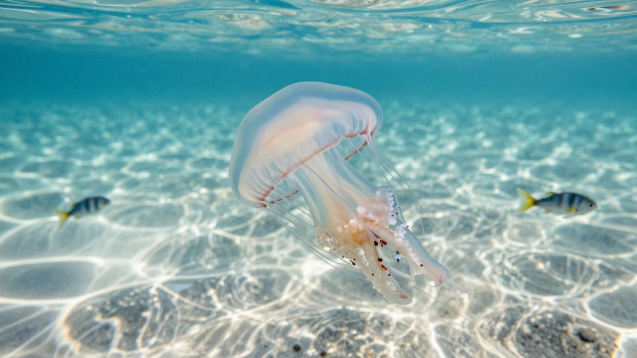 Moon jellyfish swimming in clear shallow water near sandy beach