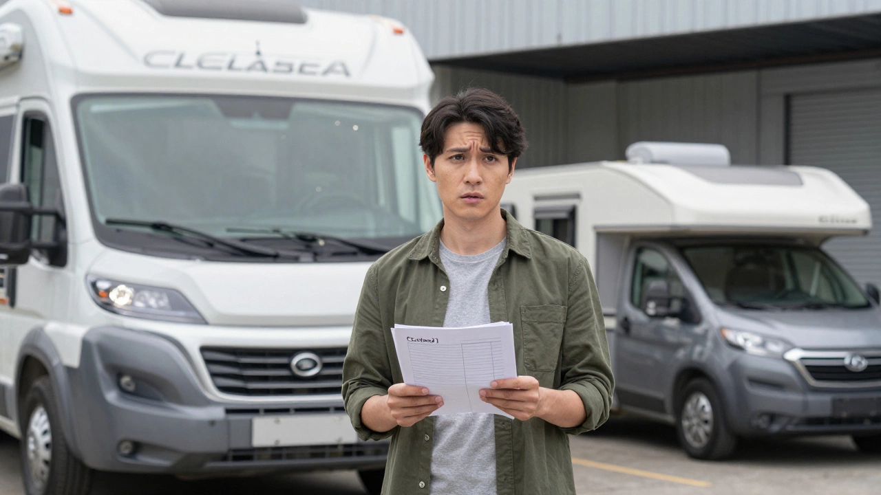 Person comparing a large motorhome and a small pop-up camper