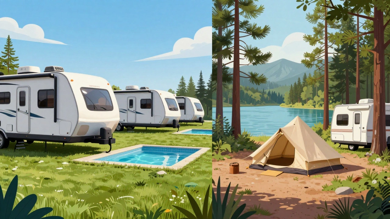 Split image showing a luxury RV resort on left and private glamping site on right