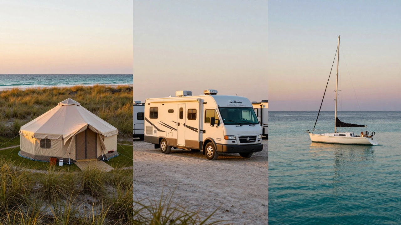 Split view of glamping yurt, RV park, and anchored boat as legal camping options
