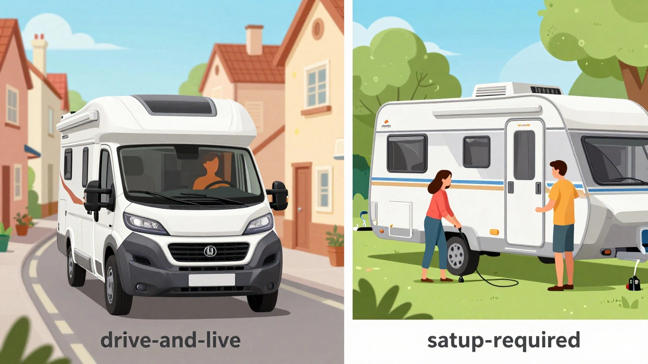 Split view showing driving a motorhome vs setting up a caravan