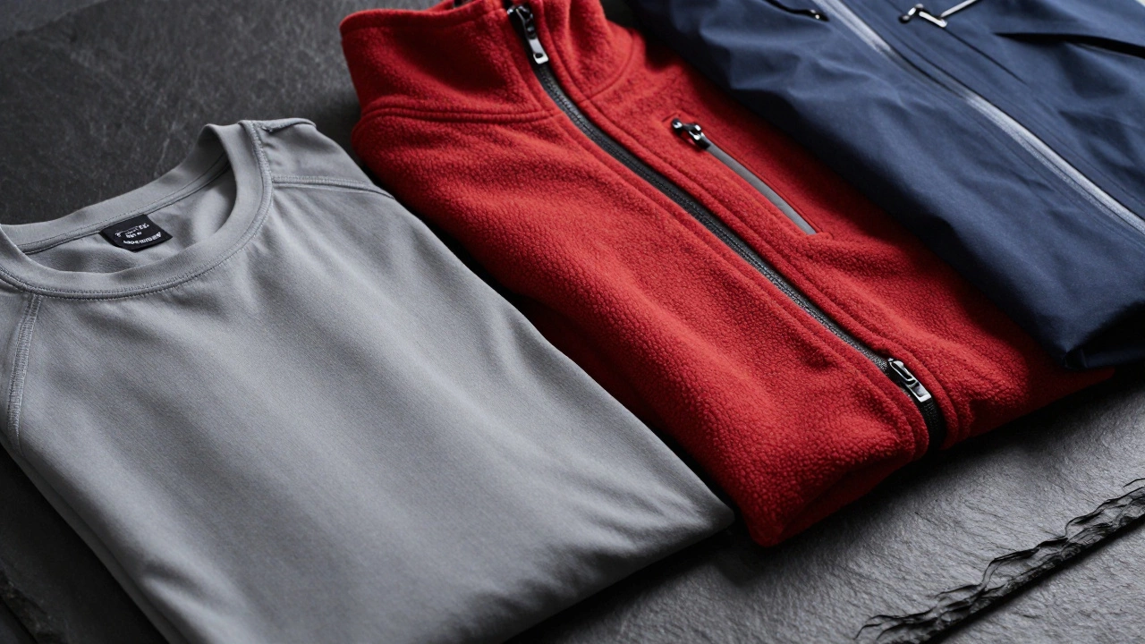 Three-layer camping clothing system: base, fleece, and waterproof shell