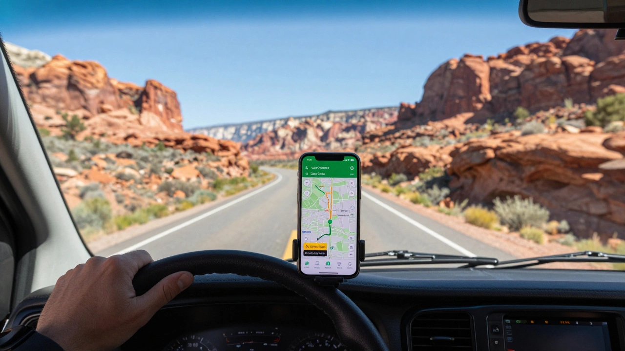 View from inside an RV driving on a mountain road with navigation app on dashboard